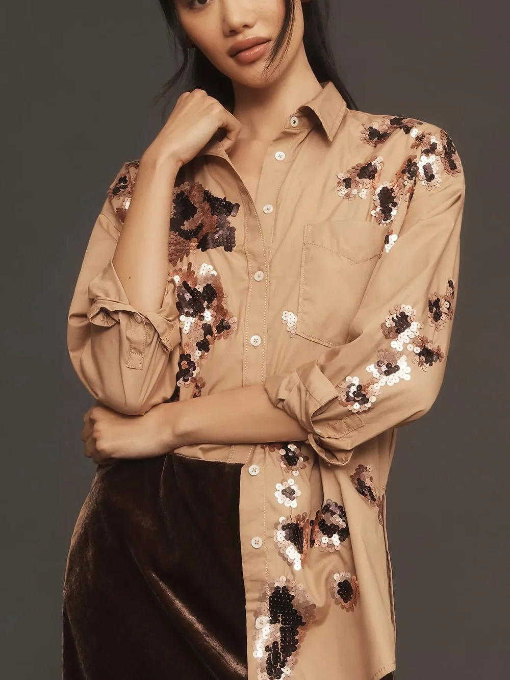 Maeve by Anthropologie The Bennet Buttondown Shirt Oversized Sequin Leopard LP